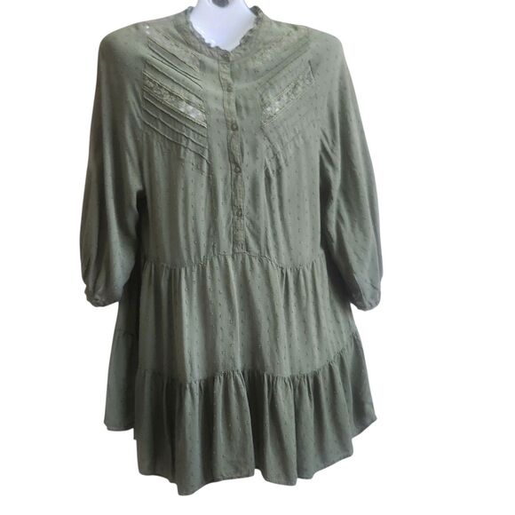 Semi-Sheer-Dotted Swiss Cottagcore Dress-Moss Grn-Tiered-Lace/Pin Tuck Details M - Picture 14 of 14